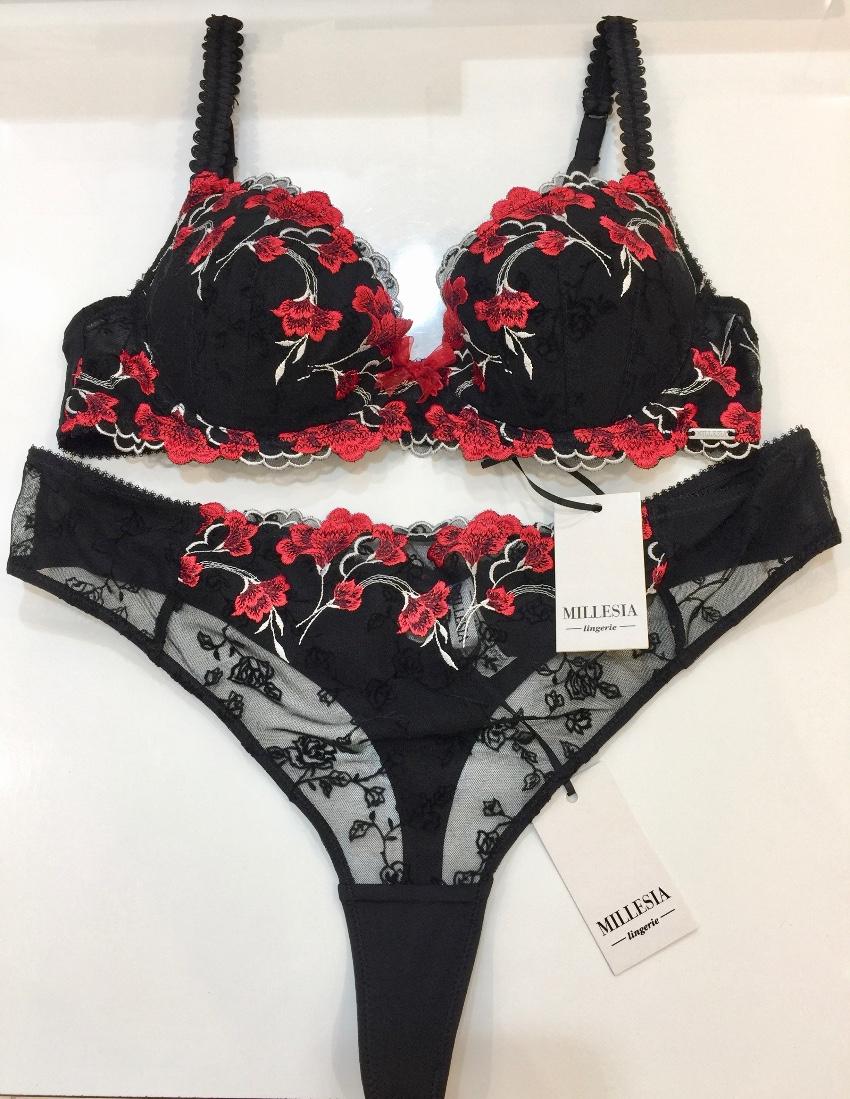 Millesia Embroidered Flowers Red & Black Padded Bra & Thong Set