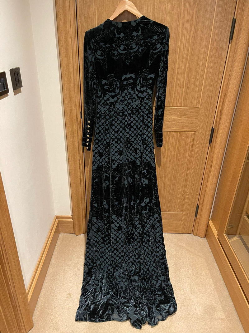 Dark Green Velvet Devore Deep V-Neck Gown