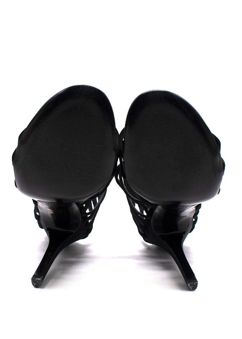 Chanel Black Satin Strappy Heels with Bow Detailing