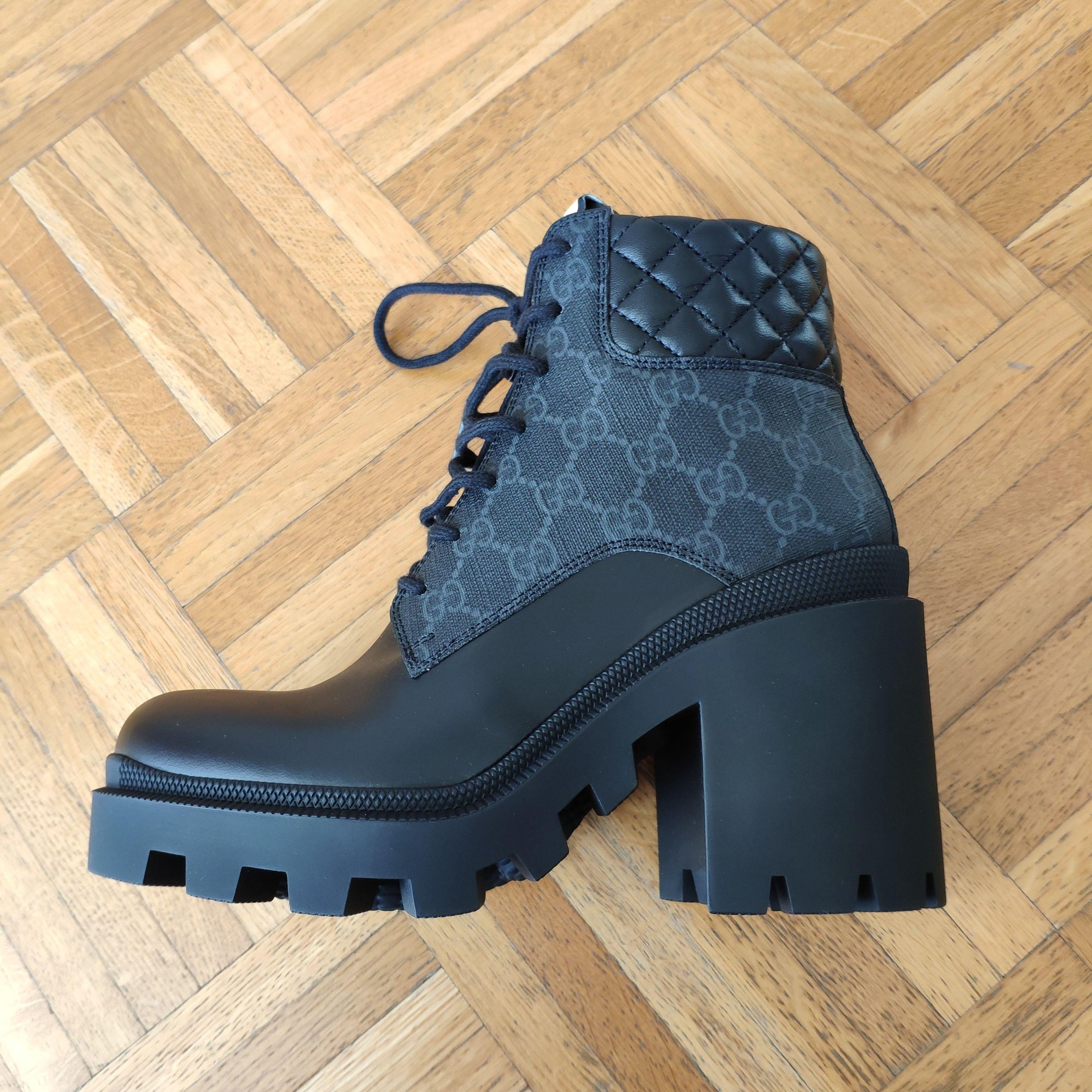 Gucci Black Monogram Leather and Canvas Biker Boots