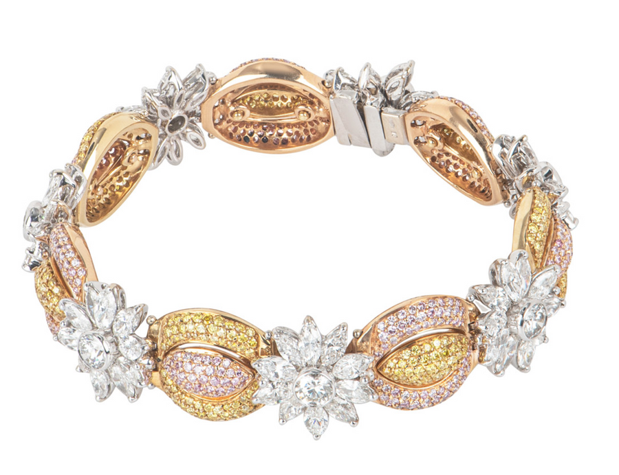 Bespoke Tri-Colour Gold Fancy Yellow, Natural Pink & White Diamond Bracelet
