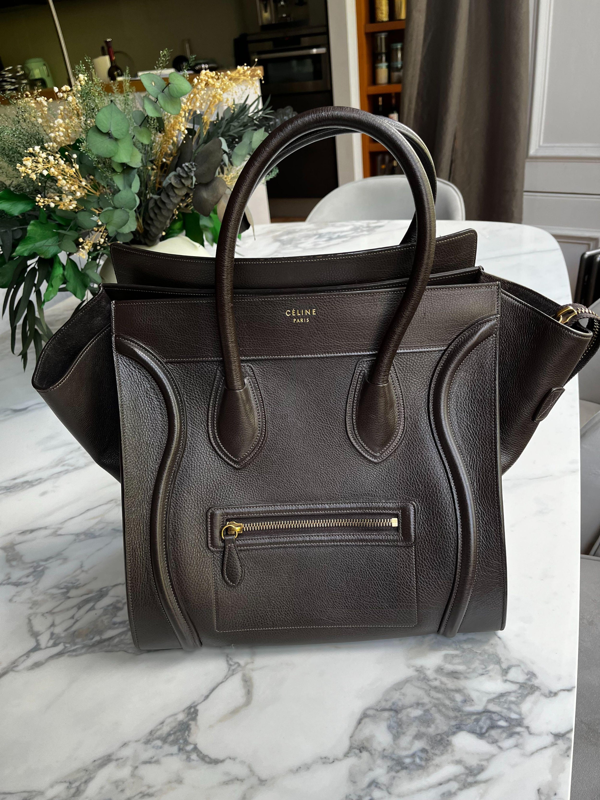 Brown Grained Calfskin Mini Luggage Bag