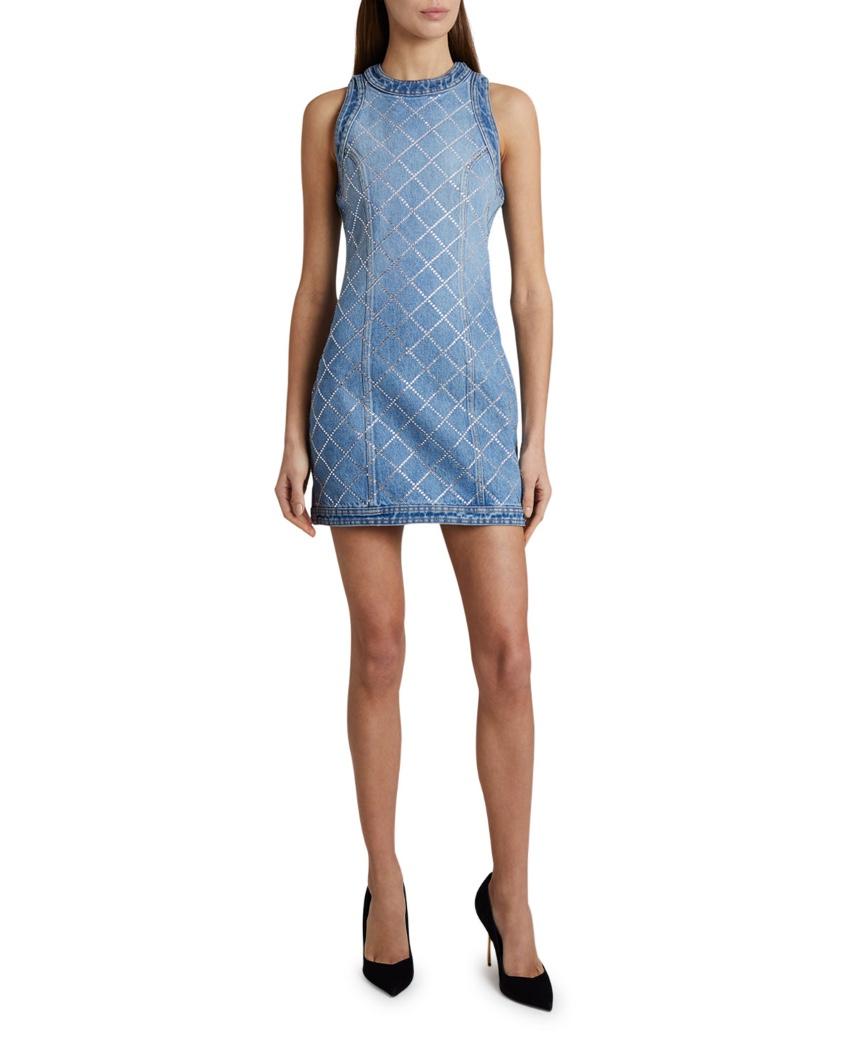 Blue rhinestone embellished fitted denim dress