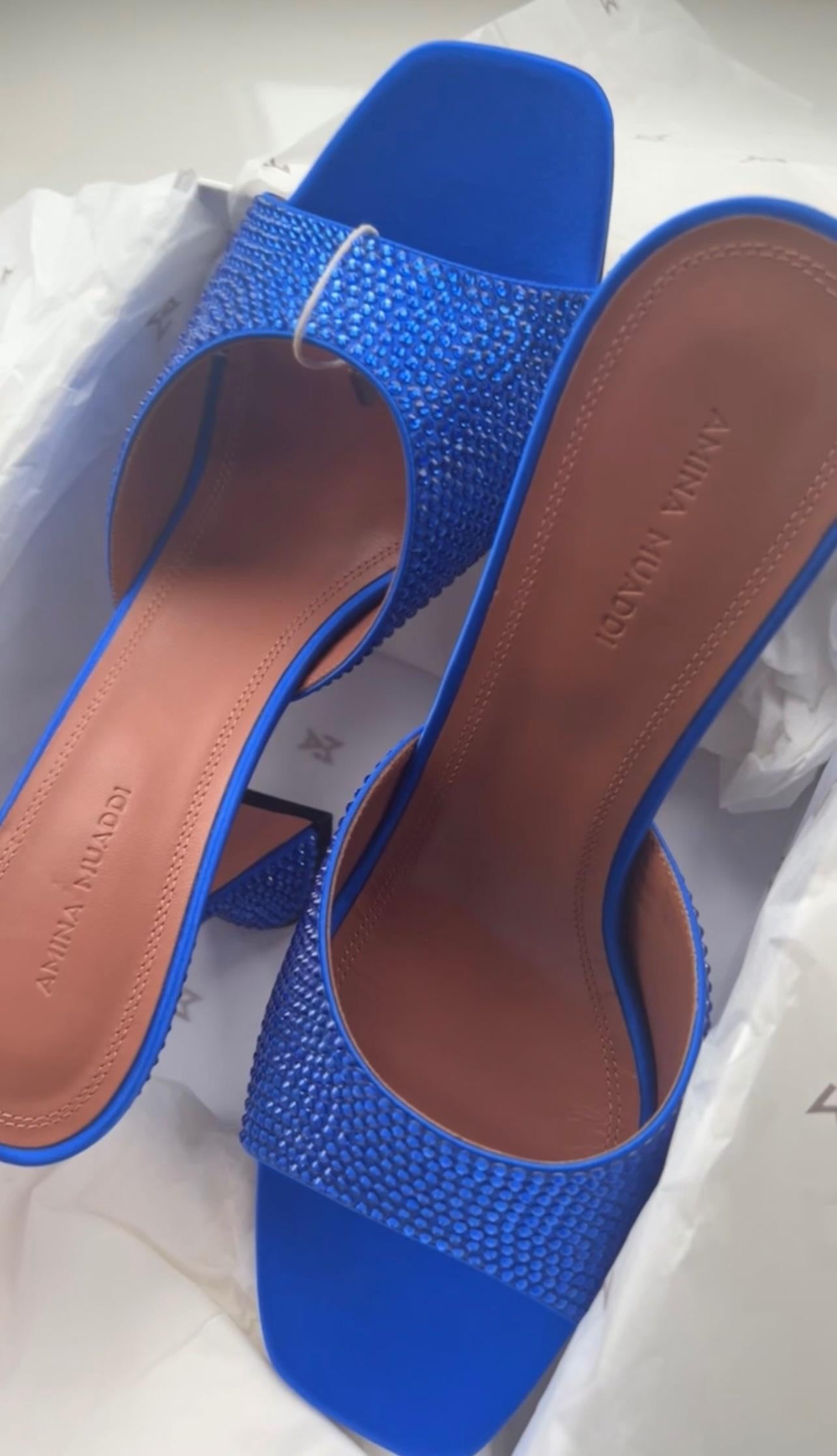 Amina Muaddi Blue Crystal Embellished Alexa Mules