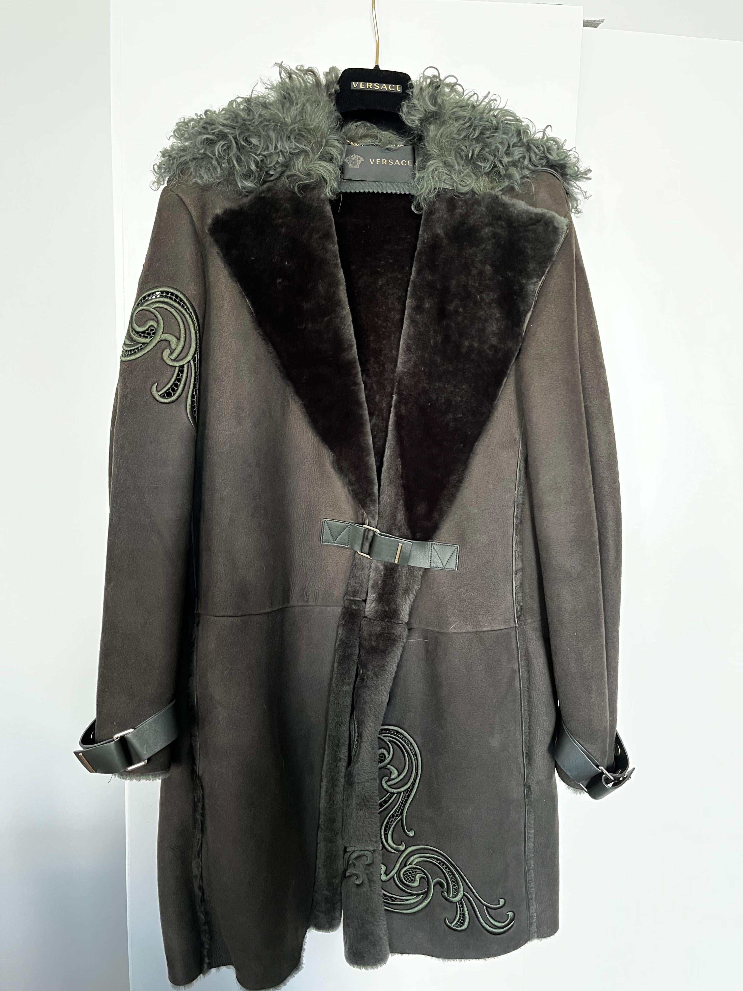 Khaki Shearling Cut-Work Coat