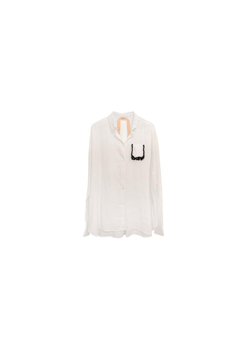 embellished pocket white silk blend summer shirt