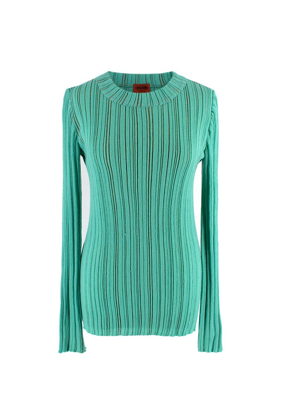 Green Ribbed Knit Cotton Long Sleeved Top