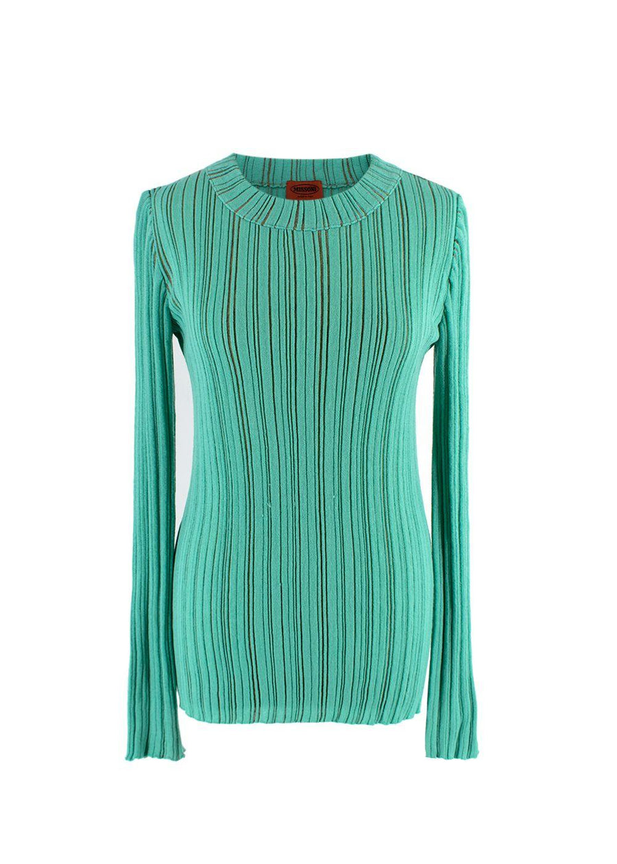 Green Ribbed Knit Cotton Long Sleeved Top