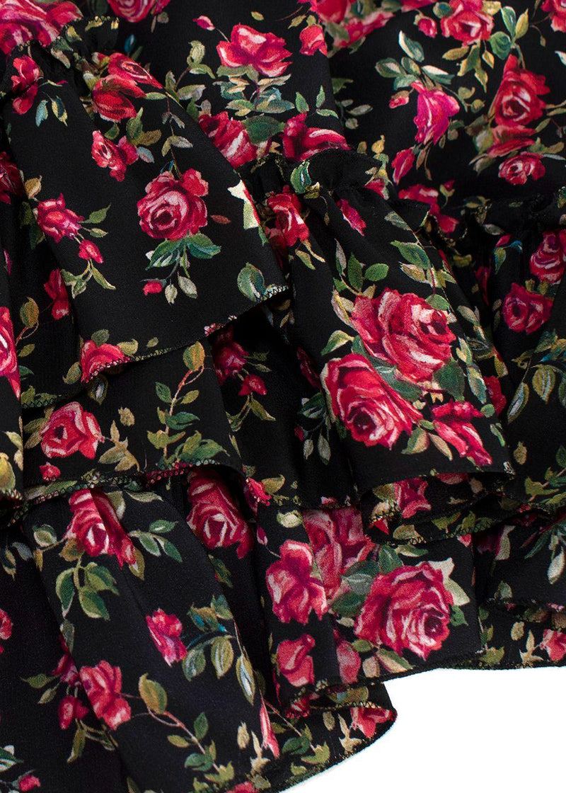Dolce & Gabbana Black and Rose Floral Midi Silk Dress