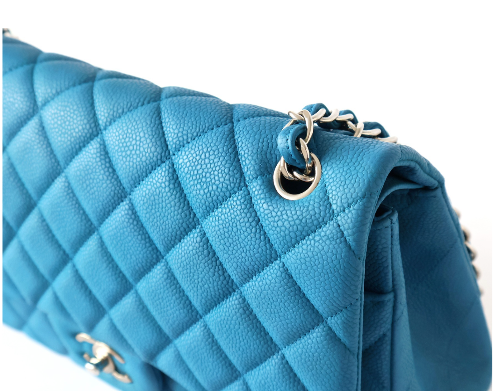 Chanel Bright Blue Double Flap Bag With Silver Hardware