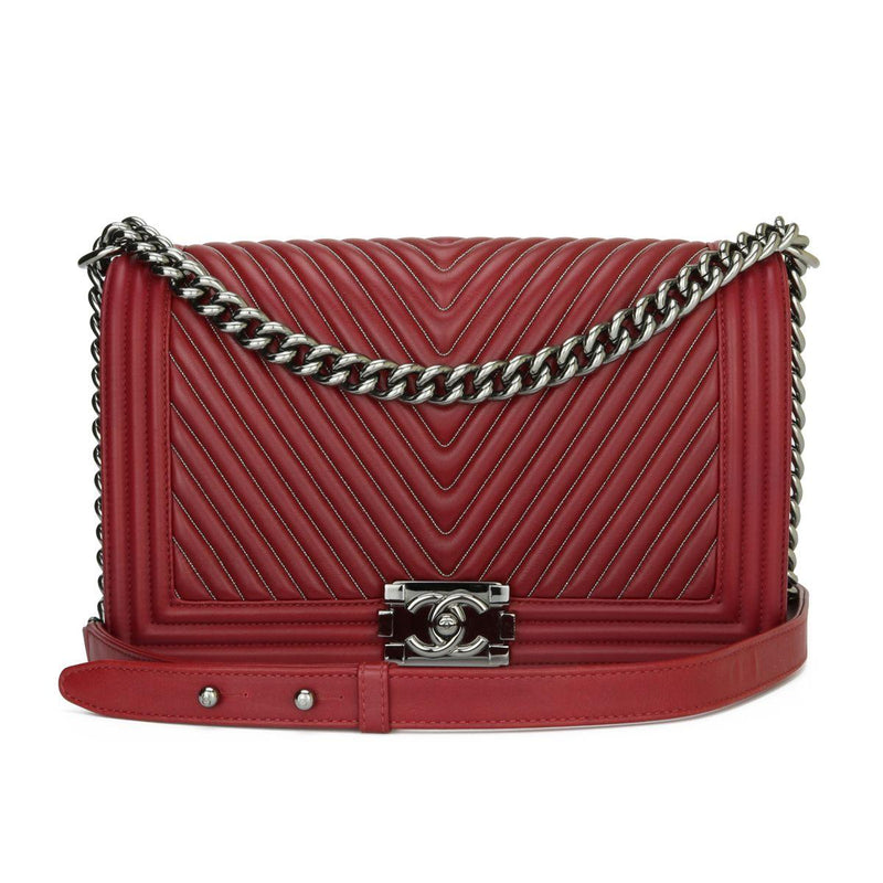 Dark Red Chain-trimmed Chevron Boy Bag