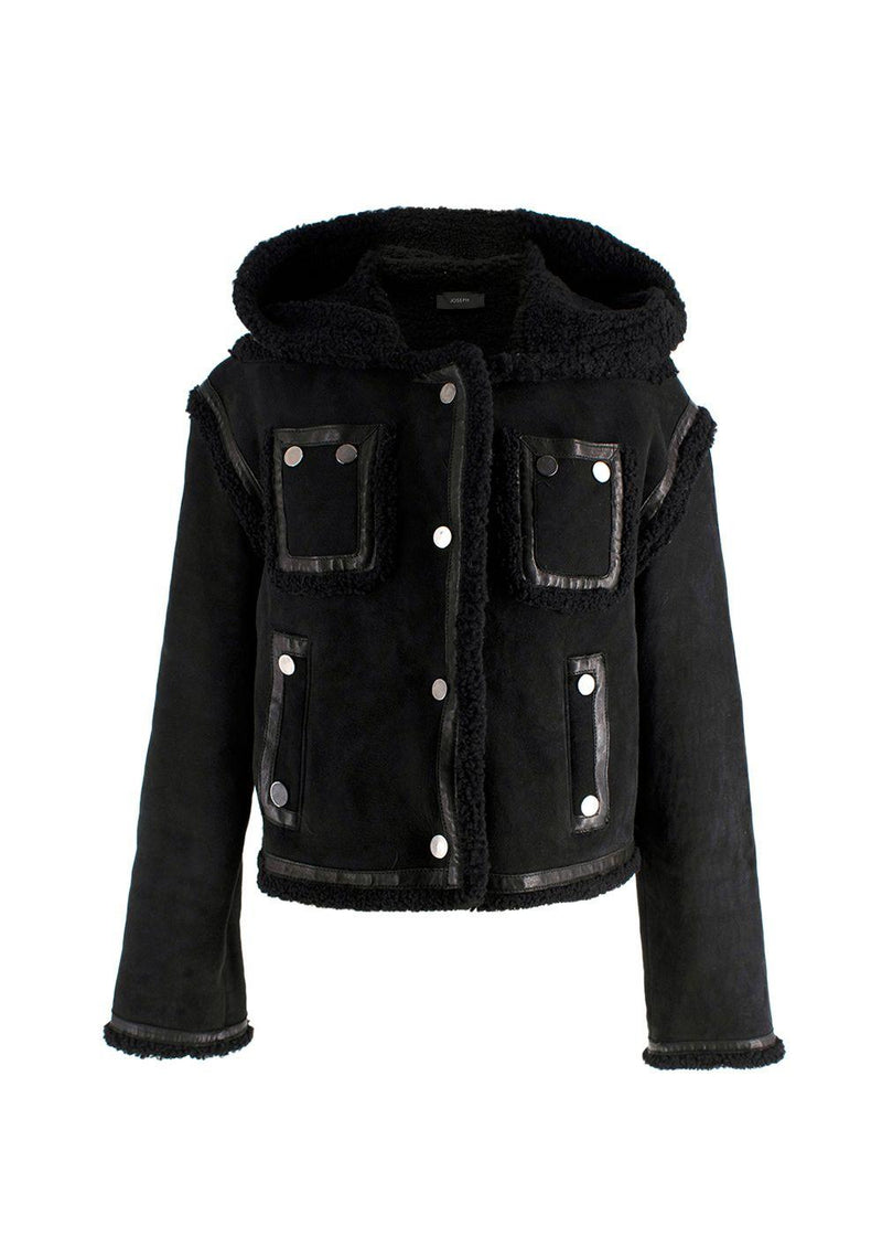 Joseph Black Shearling Hooded Biker Jacket