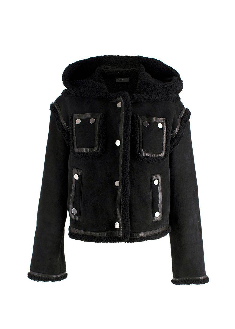 Joseph Black Shearling Hooded Biker Jacket