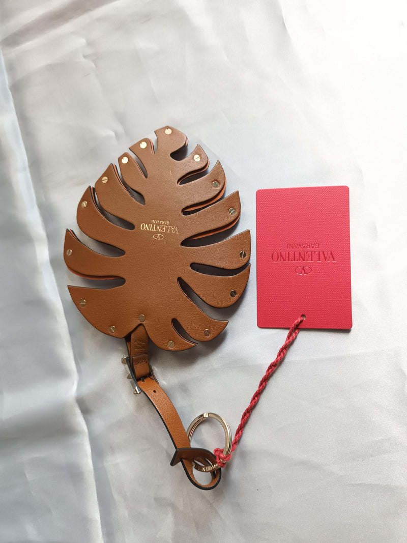 Valentino Tan Leather Monstero Leaf Keyring