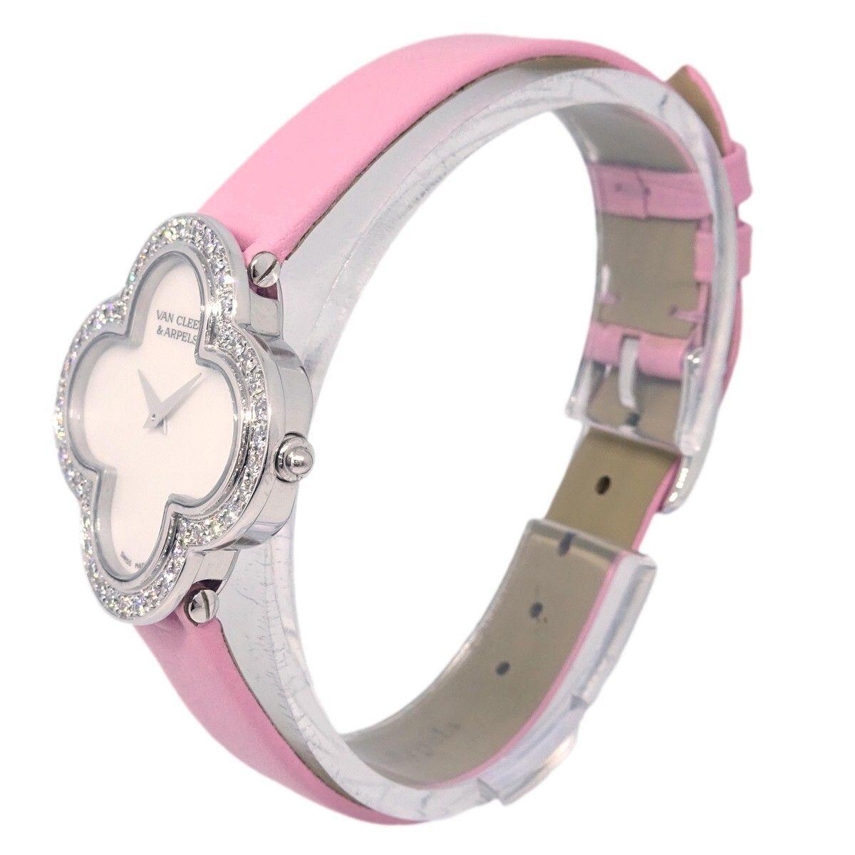 Van Cleef & Arpels Alhambra Quartz Watch White Gold and Satin with Diamond Bezel and Mother of Pearl 26