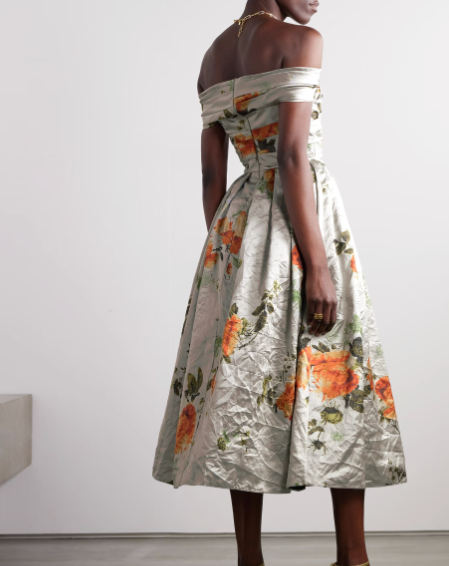 Erdem Off-The-Shoulder Floral-print Metallic Crinkled-satin Midi Dress