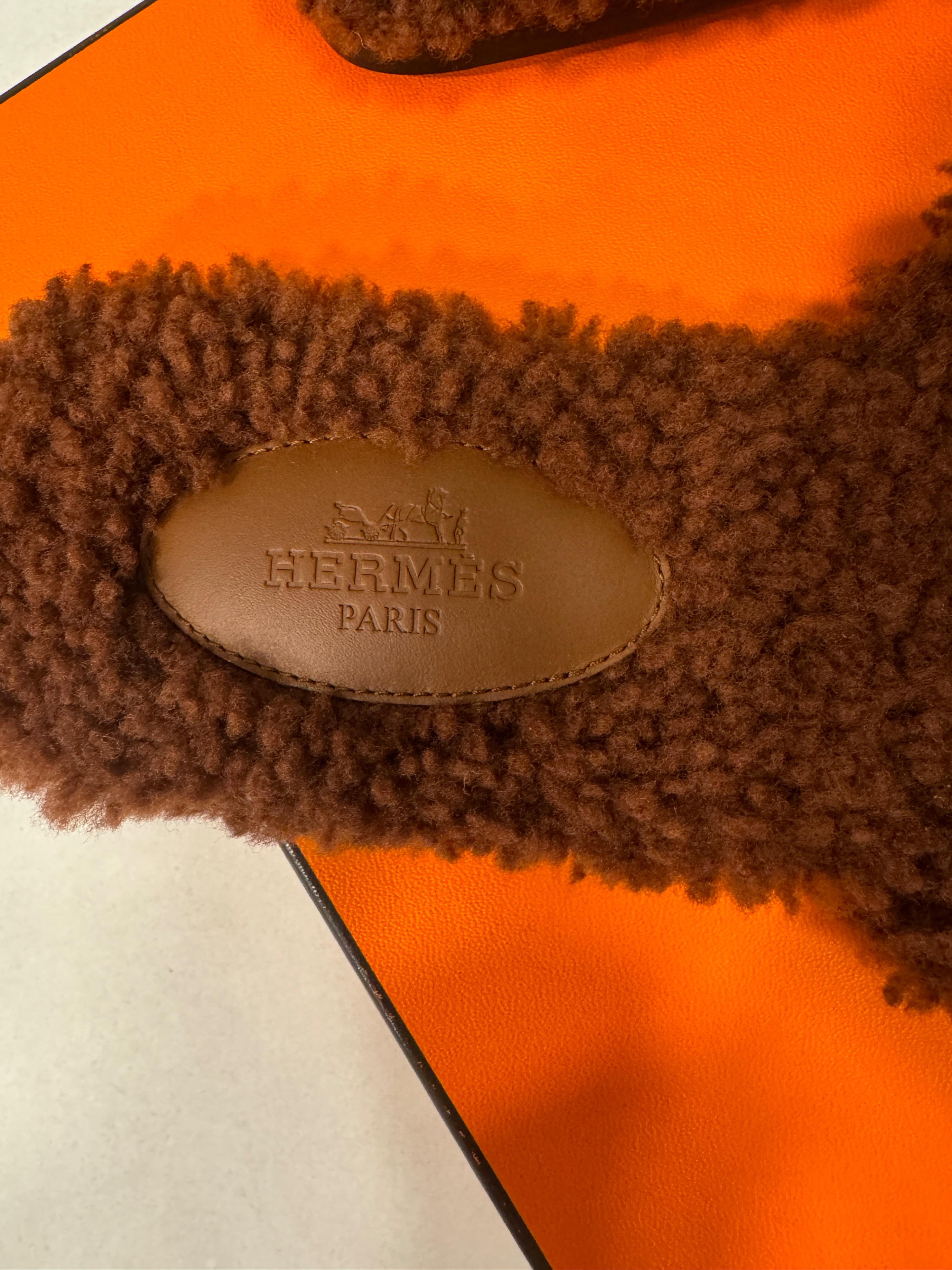 Hermes Cognac Fluffy Oran Sandals