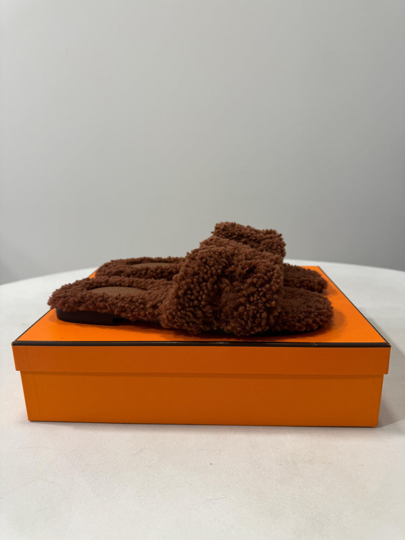 Hermes Cognac Fluffy Oran Sandals
