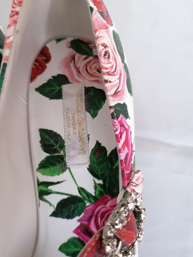 White Rose Printed Leather Mary Jane Heeled Pumps