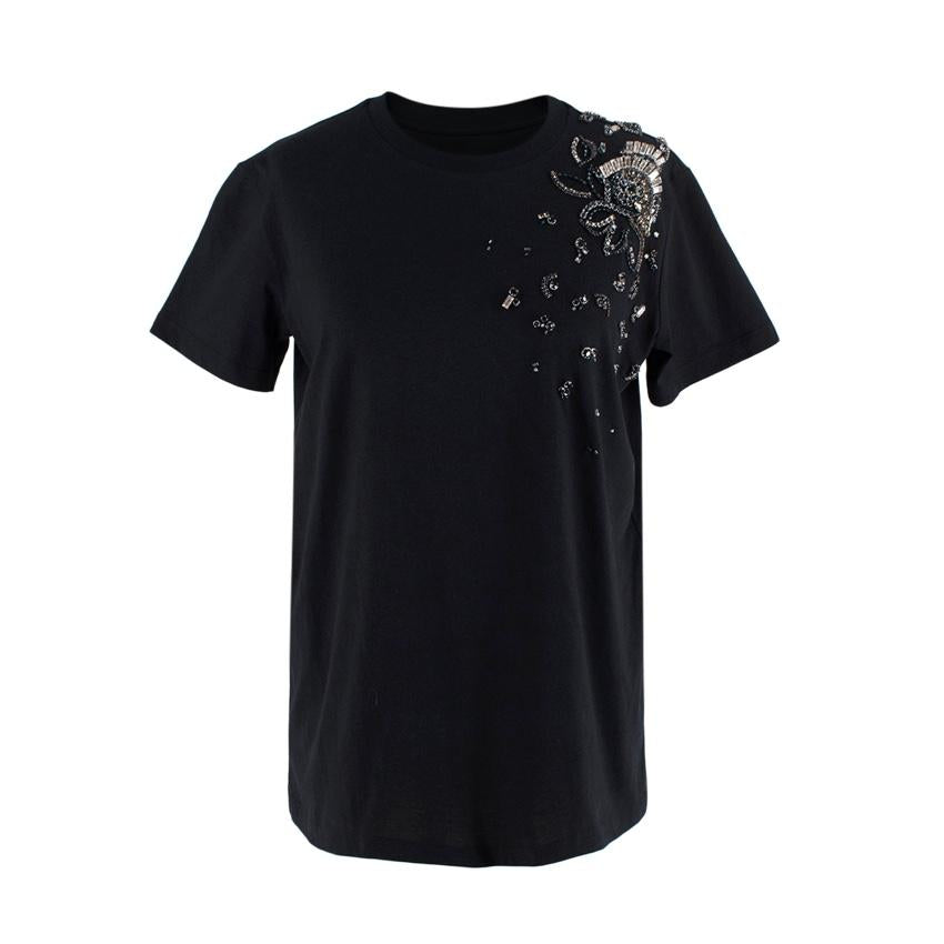 Prada Navy Cotton T-Shirt with Crystal Embellished Shoulder