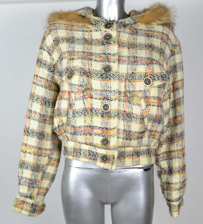 Krizia Wool Blend Fur Trim Check Jacket