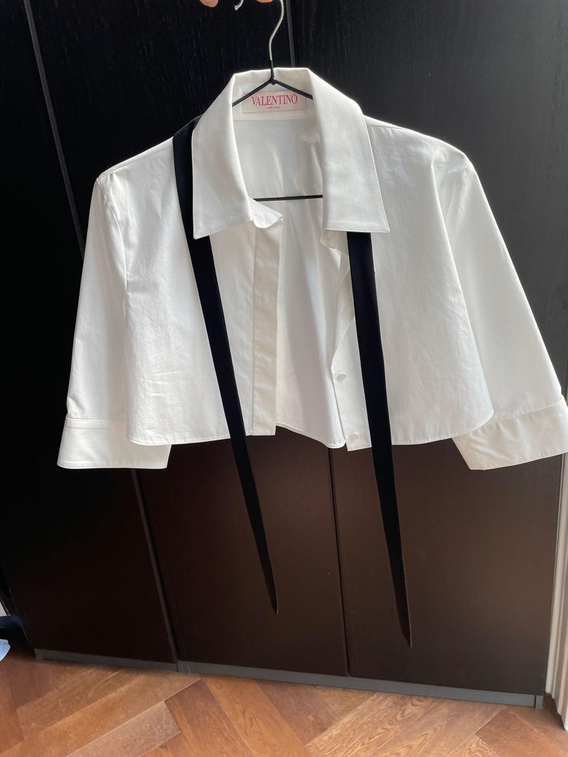 Valentino White Cropped Blouse with Velvet Bow Detail