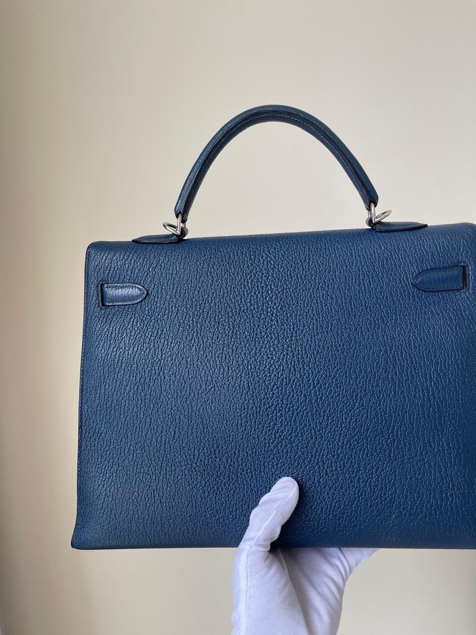 Hermes Blue De Malt Sellier Chevre 35 Kelly