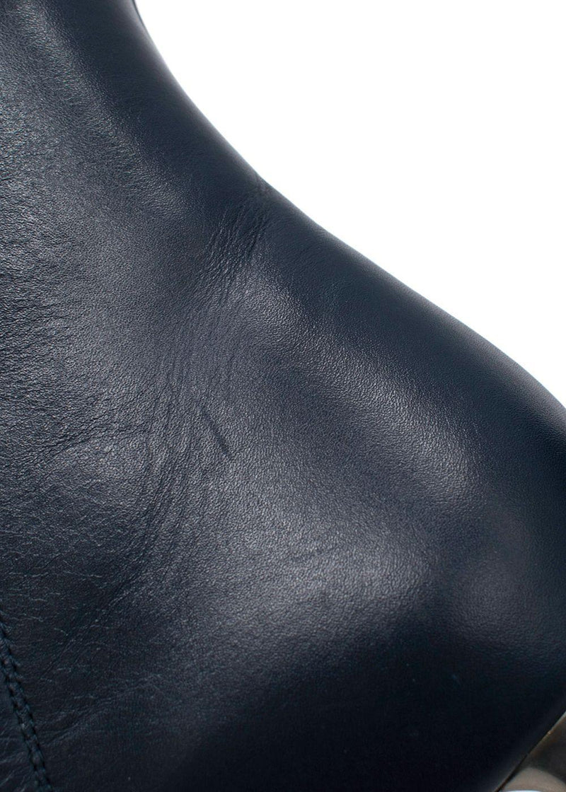 Celine Navy Leather Silver Brushed Heel Ankle Boot
