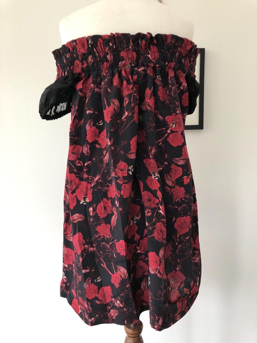 Mother of Pearl Silk-Satin Off-the-Shoulder Rose-Print Dress
