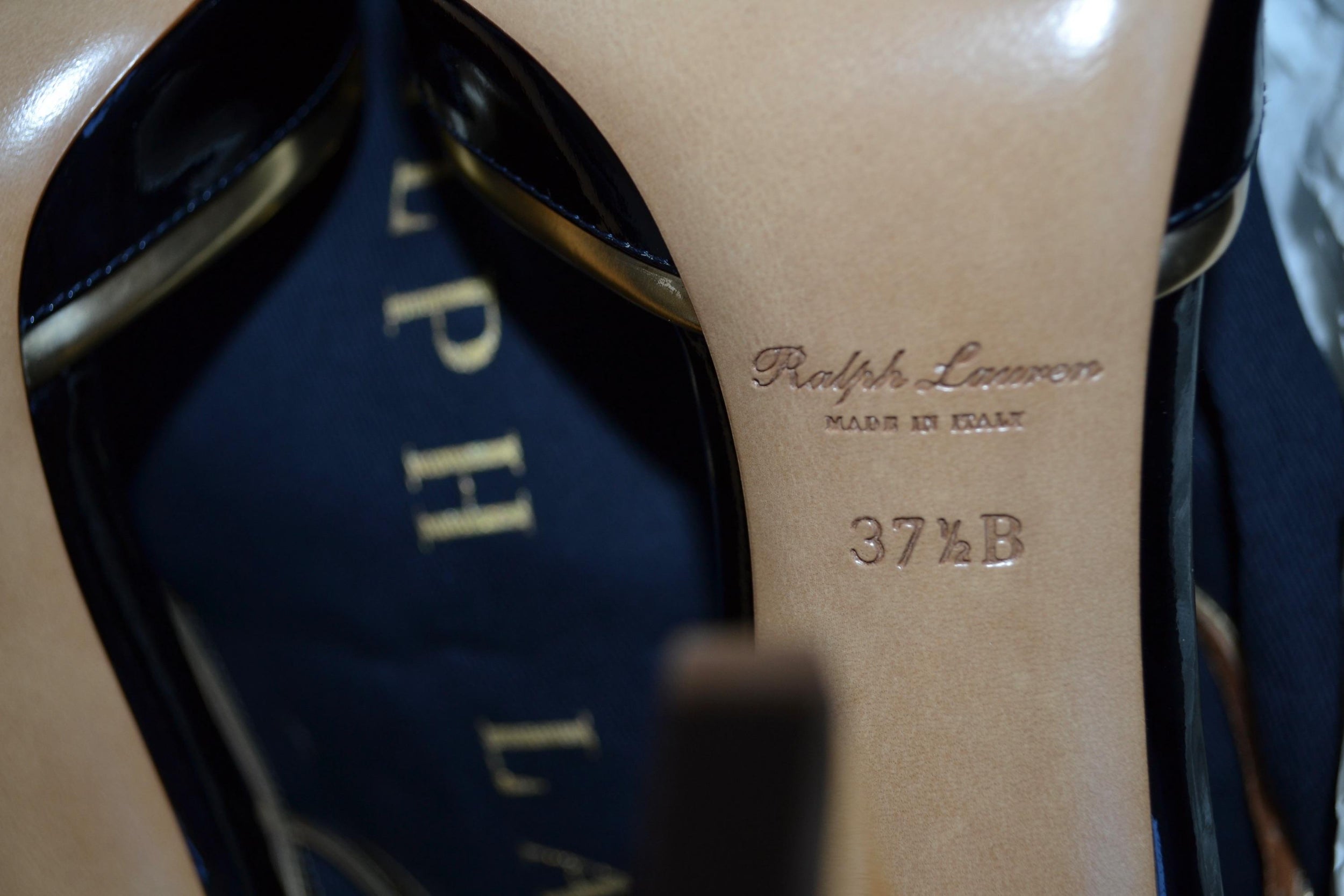 Ralph Lauren Collection  Navy Patent Heeled Ankle Strap Shoes