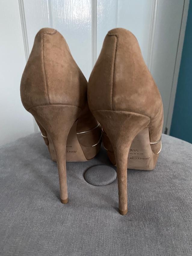 Jimmy Choo Beige Suede Peep Toe Heeled Pumps