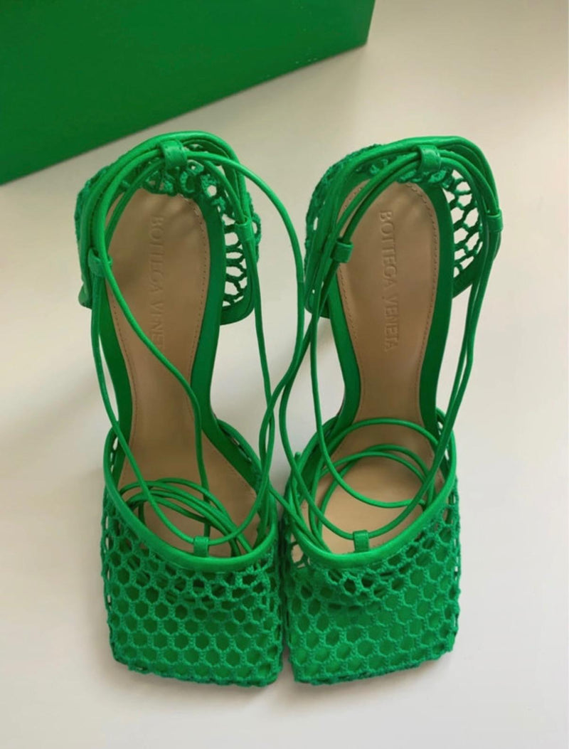 Bottega Veneta lace up leather-trimmed mesh pumps