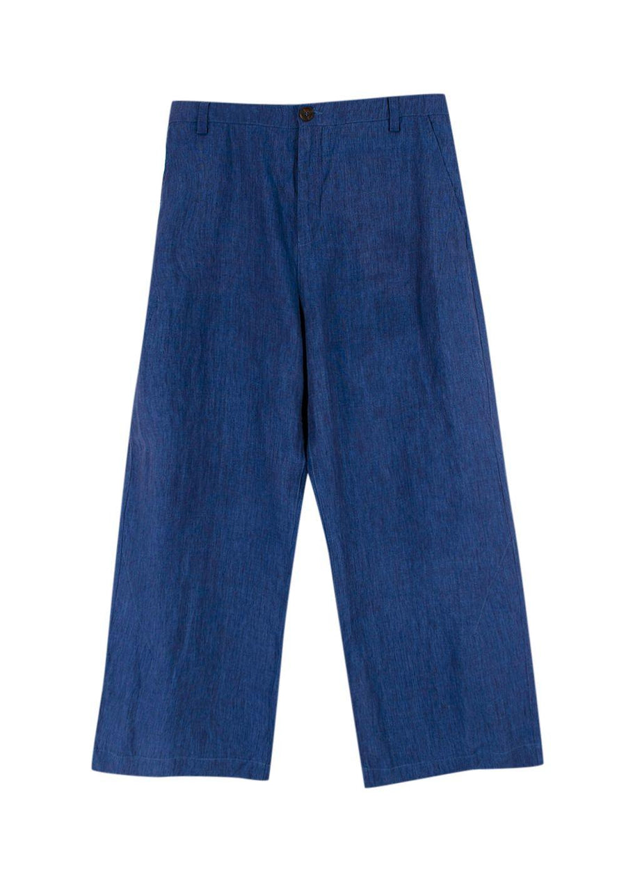 Momoni Navy Linen Wide Leg Trousers