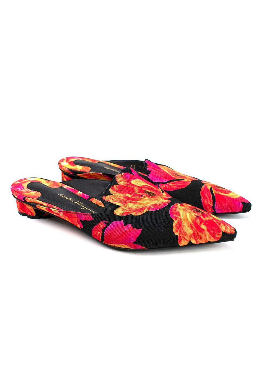 Salvatore Ferragamo Red and Black Floral Pointed Mules