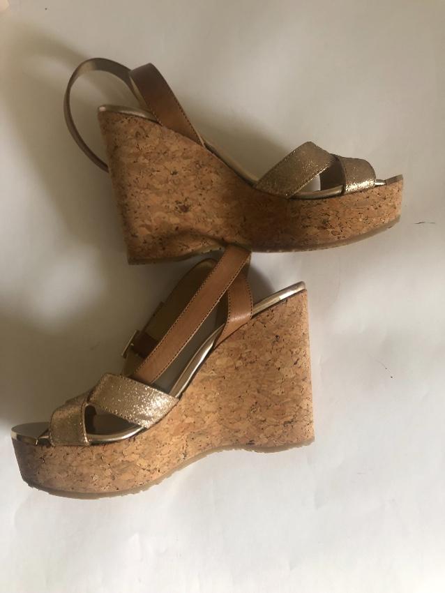 Jimmy Choo Gold Crossover Leather Wedges