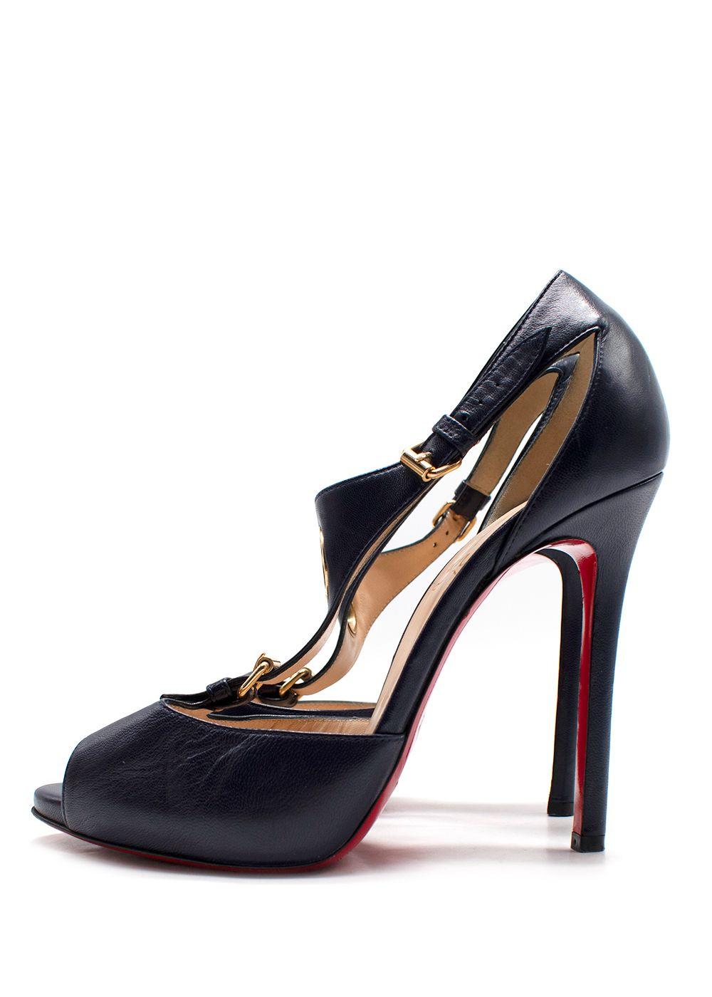 Christian Louboutin Black Leather Peep-Toe T-Strap Heels with Gold Hardware