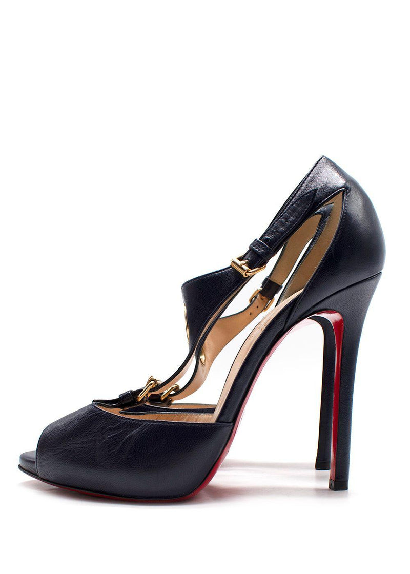 Christian Louboutin Black Leather Peep-Toe T-Strap Heels with Gold Hardware