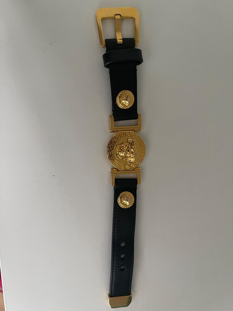 Black leather & gold-tone metal Medusa bracelet