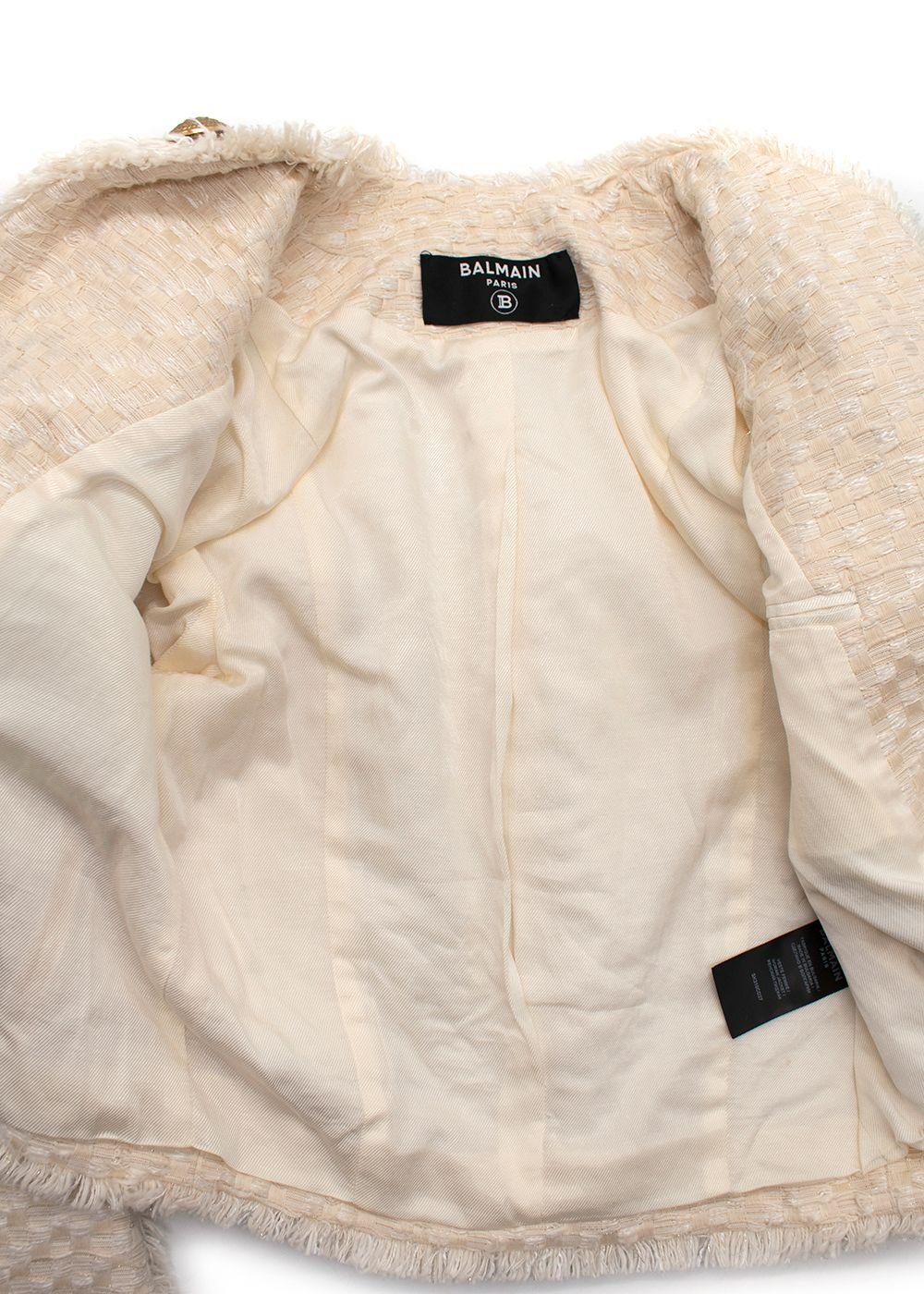 Balmain Cream Woven Open Front Jacket with Gold Button Detail