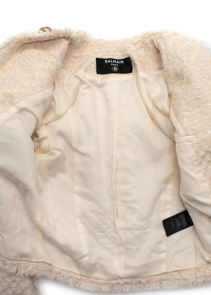 Balmain Cream Woven Open Front Jacket with Gold Button Detail