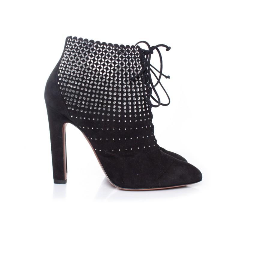 Alaia Black Suede Lasercut Lace-Up Ankle Boots
