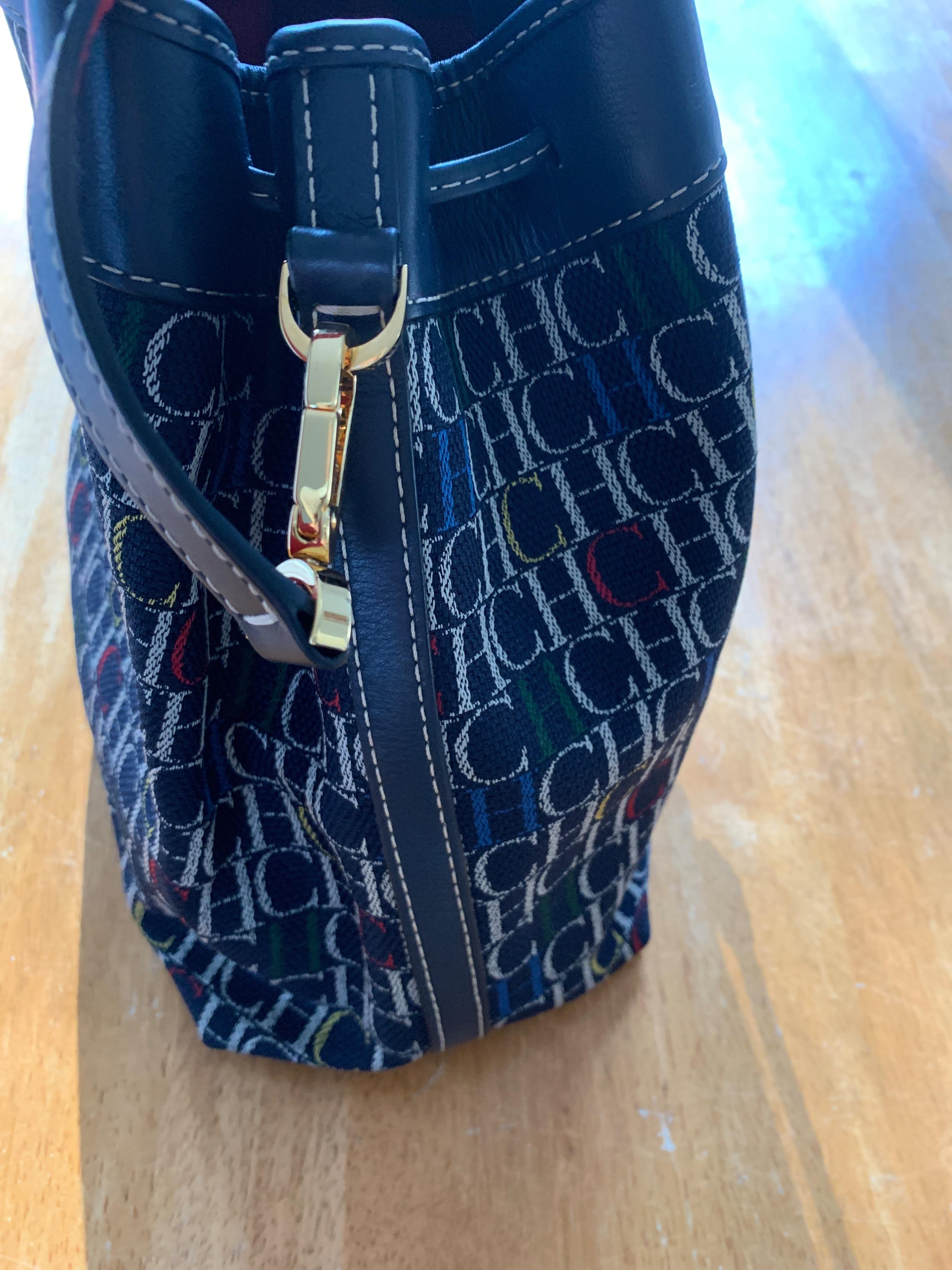 Carolina Herrera Navy Monogram Bucket Bag