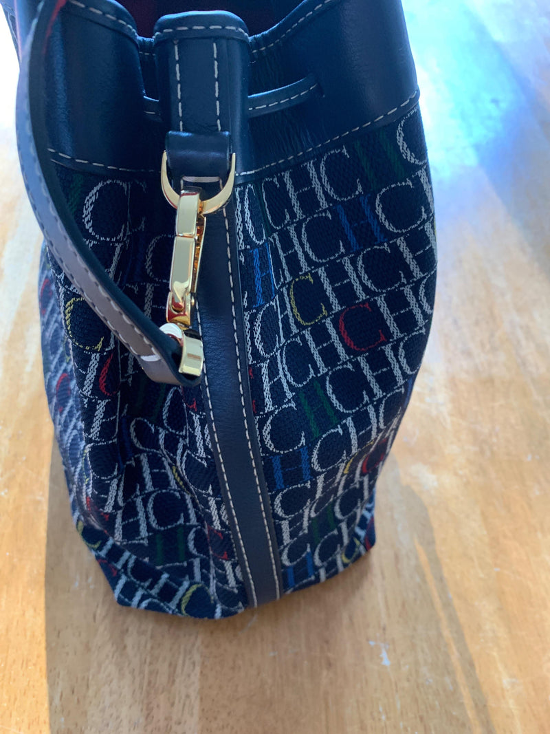 Carolina Herrera Navy Monogram Bucket Bag