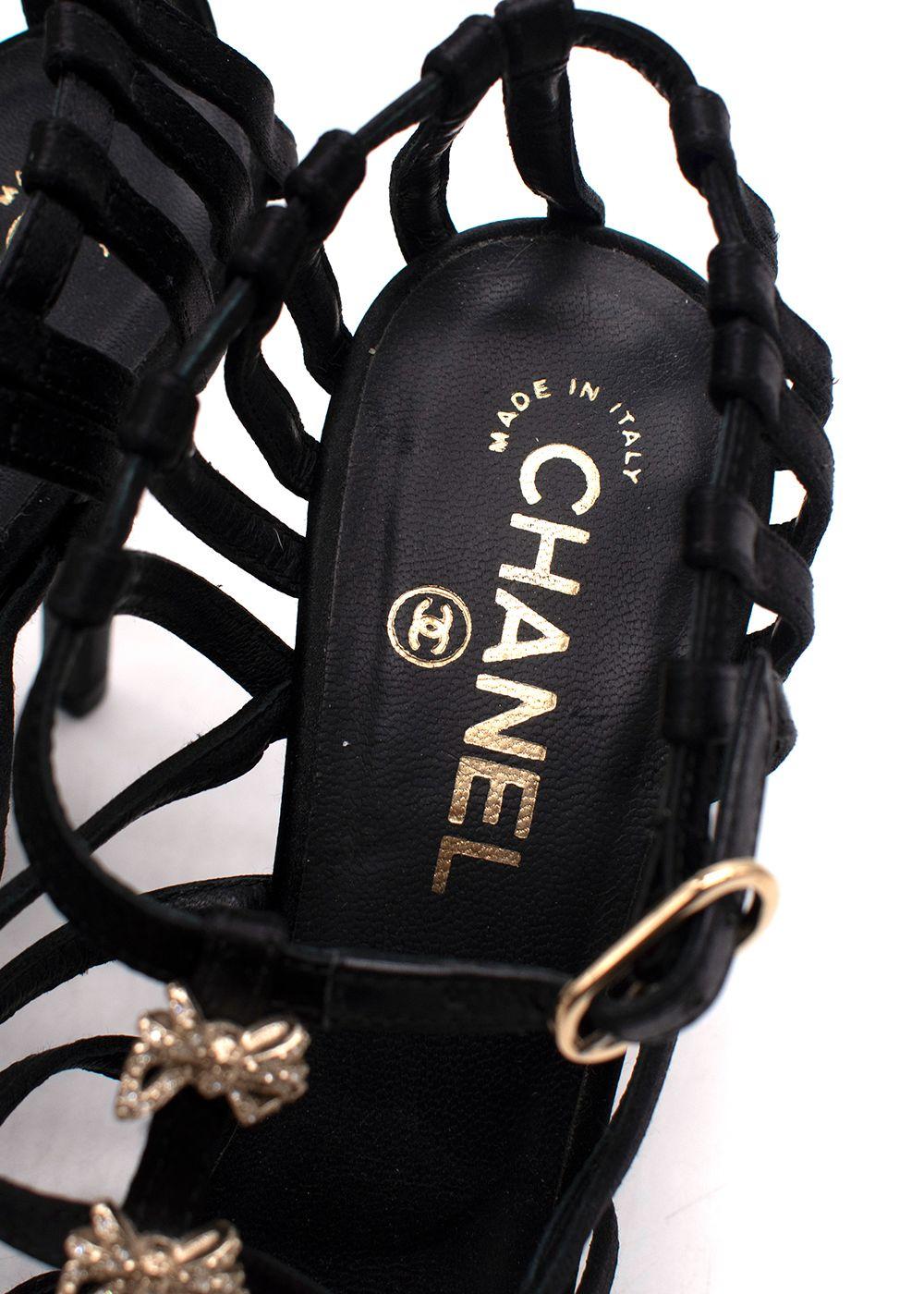 Chanel Black Satin Strappy Heels with Bow Detailing