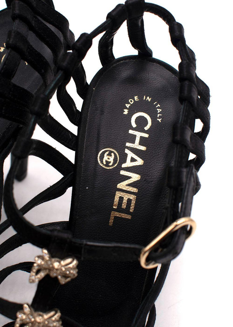 Chanel Black Satin Strappy Heels with Bow Detailing