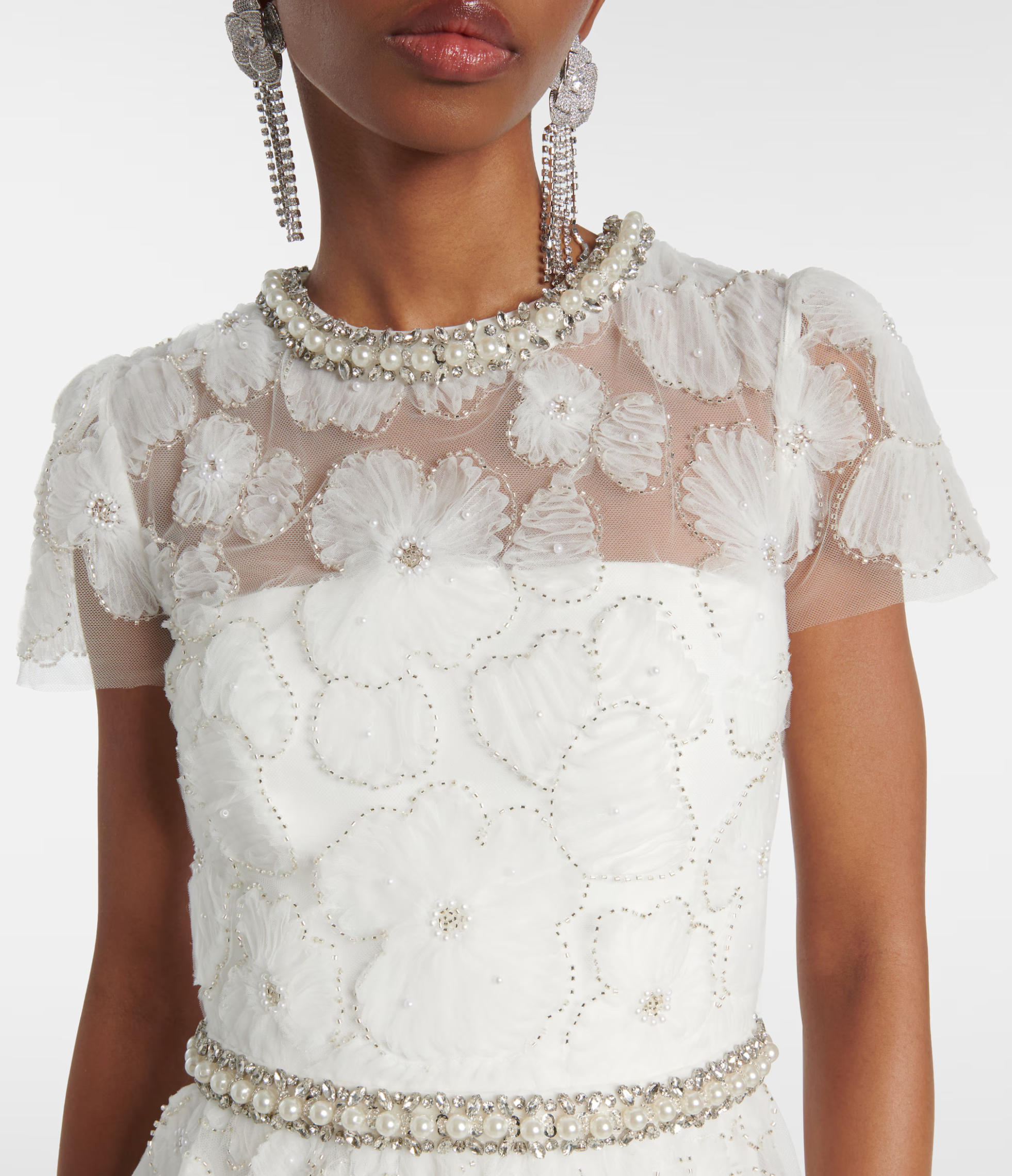 Self Portrait White Embellished Tulle Midi Dress
