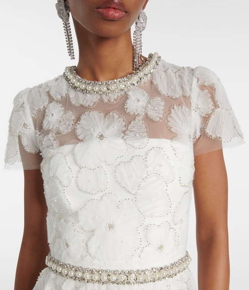 Self Portrait White Embellished Tulle Midi Dress
