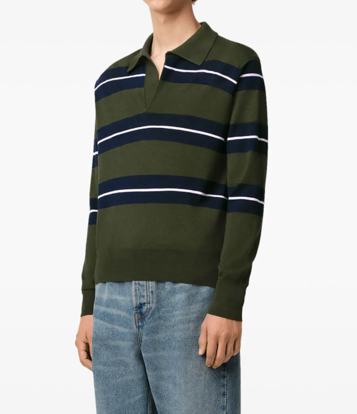 Ami Paris Green Wool-Silk Stripe Polo Shirt