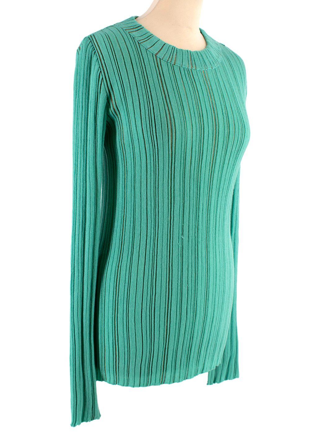 Green Ribbed Knit Cotton Long Sleeved Top