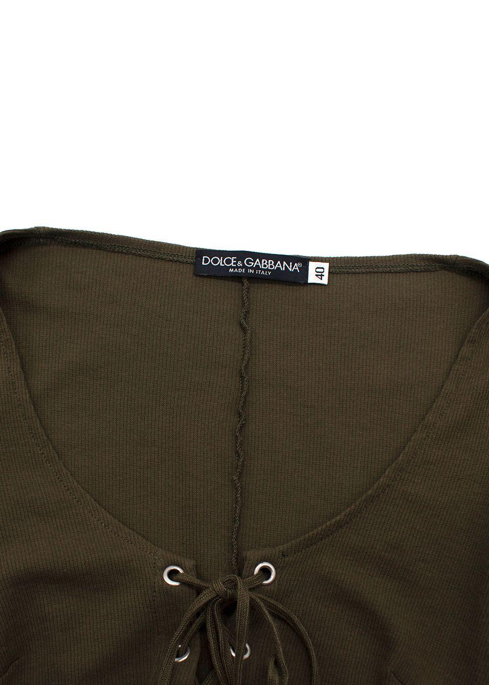 Dolce & Gabbana Khaki Ribbed Lace Up Detail Top